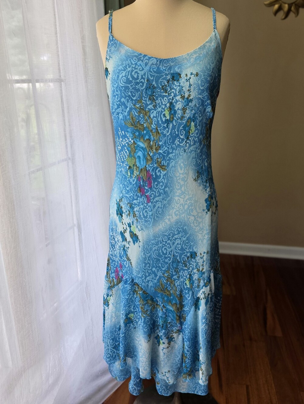 Vintage Y2K Blue Floral Slip Midi Dress Asymmetrical Ruffle Hem Tiered Medium